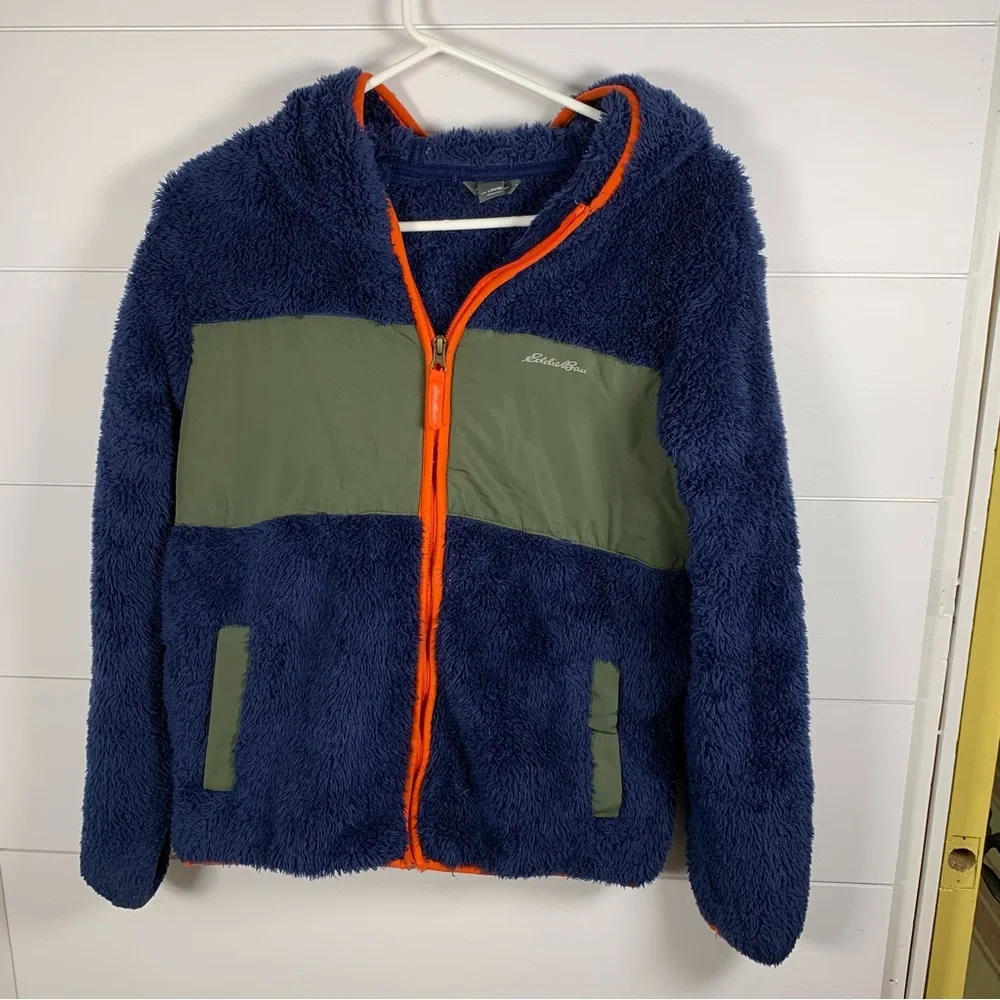 Eddie Bauer Fleece Zip Up Hoodie Jacket Sweatshirt‎ Boys Sz L  Blue Soft Fluffy